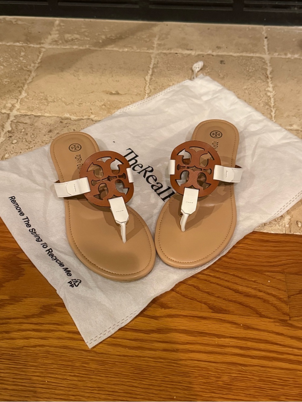 Tory Burch White Strap Tan Logo Miller Thong Sandals